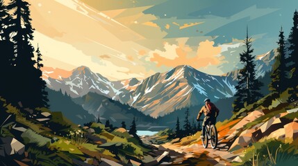 A woman riding a mountain bike rides a bicycle in a summer mountain forest landscape. - obrazy, fototapety, plakaty