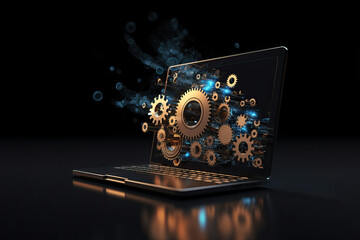 Digital workflow concept: Isolated laptop with floating cogs