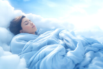 Fantasy background of girl lying on clouds with weighted blanket, immersed in deep sleep. The blanket gently embraces, creating a sense of coziness and tranquility. Banner. - obrazy, fototapety, plakaty