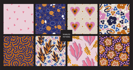 Set of modern vector seamless pattern. Colorful abstract trendy background. Simple shapes hand drawn repeatable backdrop for surface design