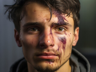Obraz premium A young guy with wounds and scratches, a broken face. 