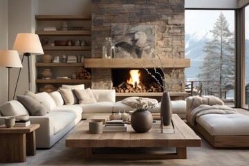 Obraz na płótnie Canvas modern chalet living room with light natural materials