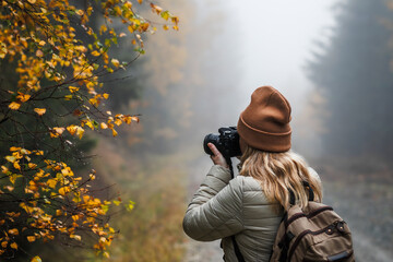 Woman with camera taking picture of autumn leaf. Tourist hiking in misty forest. Landscape photographer with backpack enjoying nature in fall season - Powered by Adobe