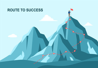 Career growth. Process journey to success. Businessman standing on the top of mountains in flat design. Route to success.