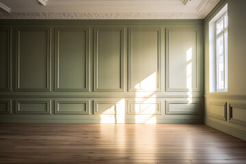  Sage empty wall with simple decorative and wood floor. AI Generative