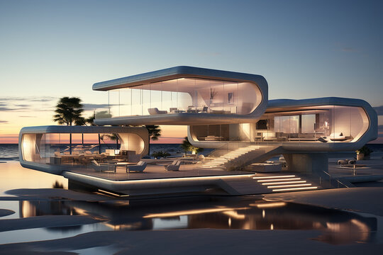 Generative AI Image of Luxury Futuristic Hotel Resort Building with Ocean View at Dusk