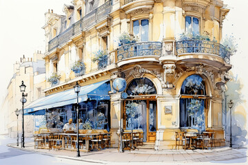 Paris cafe in  watercolour sketch drawing