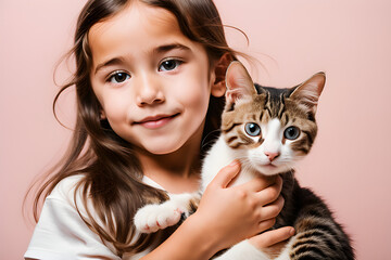 Dreamy kid holding a cat