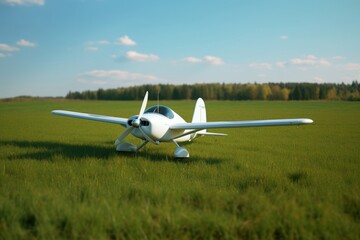 Fototapeta na wymiar Small light airplane on green field, Generative AI