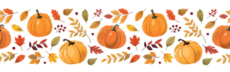 Colorful autumn pumpkins and forest leaves and berries horizontal seamless border. Vector illustration. Isolated on white background. Seasonal fall banner design for greeting or promotion.