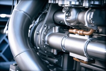 Close-up of diesel engine turbocharger, Diesel and gas industrial electric generator. Turbocharger with pipes on the engine, Generative AI