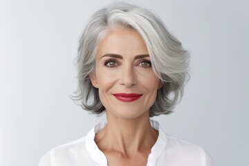 Portrait of Elegant Caucasian Woman with Bright Makeup, Red Lips, Stylish Bob Haircut on Gray Hair.