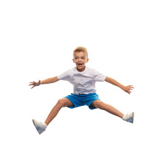 Fototapeta na wymiar Little smiling boy, child in casual clothes cheerfully jumping isolated on white background. Playful mood. Concept of childhood, emotions, active lifestyle, happiness, fun and joy. Ad