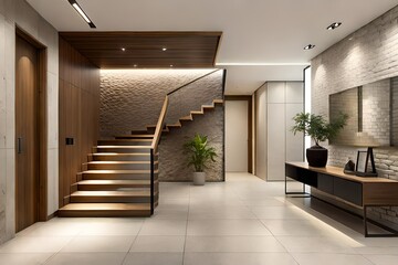 Wooden staircase and stone cladding wall in rustic ...