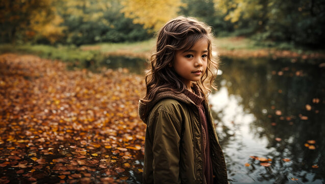 A little girl leaning towards a small pond, her reflection transforming into a fully grown woman, surrounded by a serene forest painted with autumn colors, her clothes and hair blending and transformi