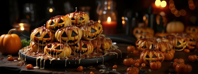 haunting flavors: a vegetarian feast for halloween night with mushroom cream, cheese delights, crisp salads, and sun-kissed tomatoes. Ai Generated - obrazy, fototapety, plakaty