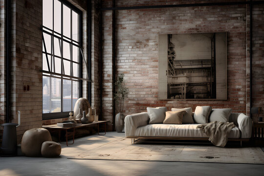 House with sofa and armchair in the room behind the concrete wall.3d rendering.