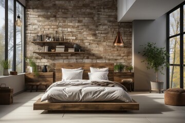 modern industrial master bedroom with light natural materials