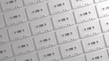 3d rendering. Minimal creative background for retro technology concept. White cassette tape on white background.  SHOTLIST1990.