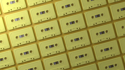 3d rendering. Minimal creative background for retro technology concept. Yellow pastel cassette tape on yellow pastel background.  SHOTLIST1990.