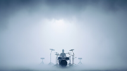 Fototapeta na wymiar drum kit in stage smoke on a white background, generated invented background music, sound cloud