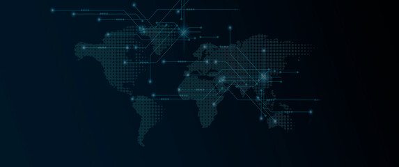 An illuminating world map set against a deep, midnight backdrop, vivid colors highlighting the countries and continents. Abstract technology background. © chadchai