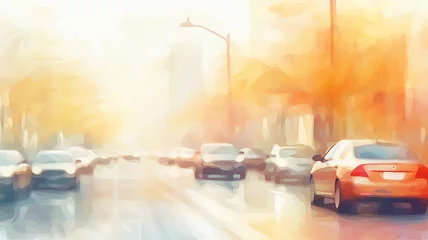 Foto op Plexiglas Aquarelschilderij wolkenkrabber  illustration orange autumn in the city, art traffic flow highway