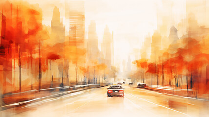 Fototapeta na wymiar illustration orange autumn in the city, art traffic flow highway