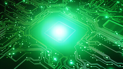 green microelectronics, microchip computer printed circuit board electronic chip, abstract fictional background