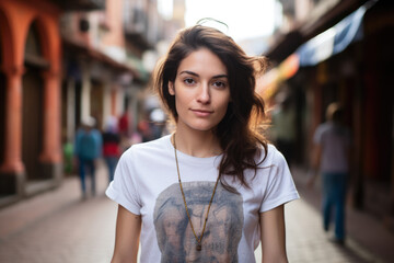 Young travel woman walking down the old town