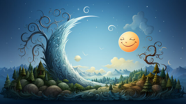 cartoon round moon on blue sky background, art character, good night kids