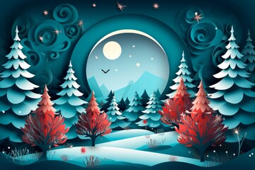 Winter landscape paper cut style. Poster with a Christmas scene, forest, snow drifts. New Year and Christmas concept.
