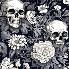 Embroidery vintage skull and roses seamless pattern. Gothic romanntic embroidery design.