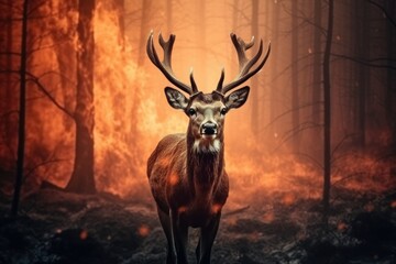Portrait of a red deer in the forest with fire foggy background