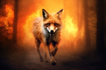 Red fox running in the forest with fire in the background.