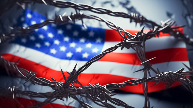 Barbed wire with USA flag. America, border and barbed wire.
