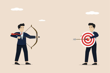 Focus on business goals, goals for career development concept, businessman aiming at target held by his coworkers. Illustration of a successful businessman.