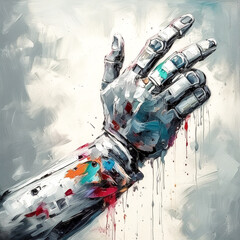 Robot hand stained with paint, generative AI.