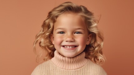 Portrait of a cheerful blonde kid, clad in neutral tones, beaming against a studio's light beige backdrop. Generative AI