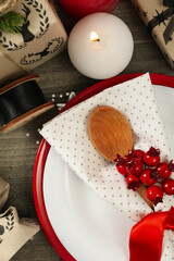 Concept of Happy New Year, table setting, top view