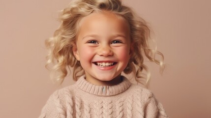Smiling blonde kid in neutral clothing, posed against a light beige studio background. Generative AI