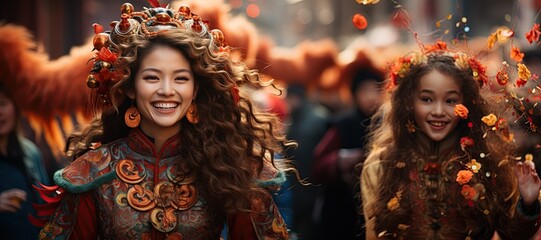Chinese Street Celebrations: Bustling streets filled with colorful decorations and lively...