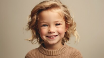 Happy blonde girl in neutral clothes smiles in studio against light beige backdrop. Generative AI
