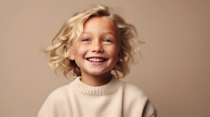Joyful little girl, blonde, wearing neutral outfit, poses in studio with light beige background. Generative AI