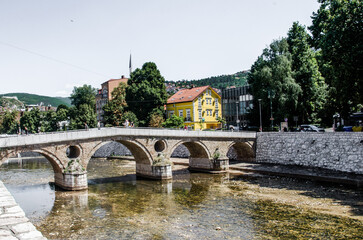 Sarajevo, Bosnia and Hercegovina, August 13, 2023. Latin Bridge over Miljacka river.