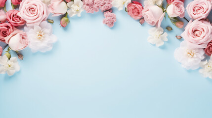 Obraz na płótnie Canvas Flowers composition. Frame made of rose flowers on pastel blue background