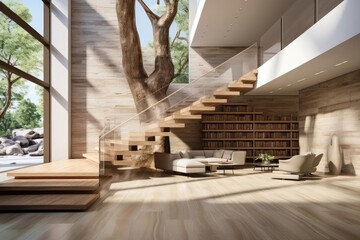 modern luxury entrance hall with staircase and light natural materials