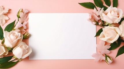 Naklejka na ściany i meble Flowers composition. Pink blank paper white fresh rose