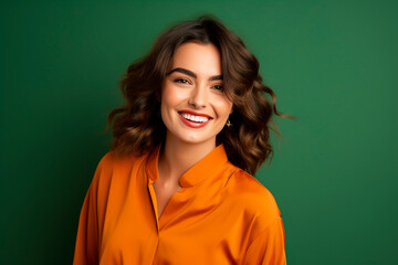 Fototapeta premium attractive young woman smiling dressed in orange on green background. created with AI