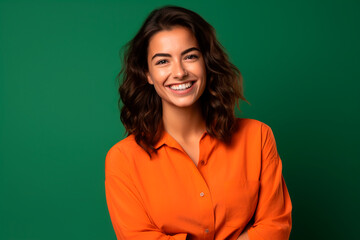 Obraz premium attractive young woman smiling dressed in orange on green background. created with AI